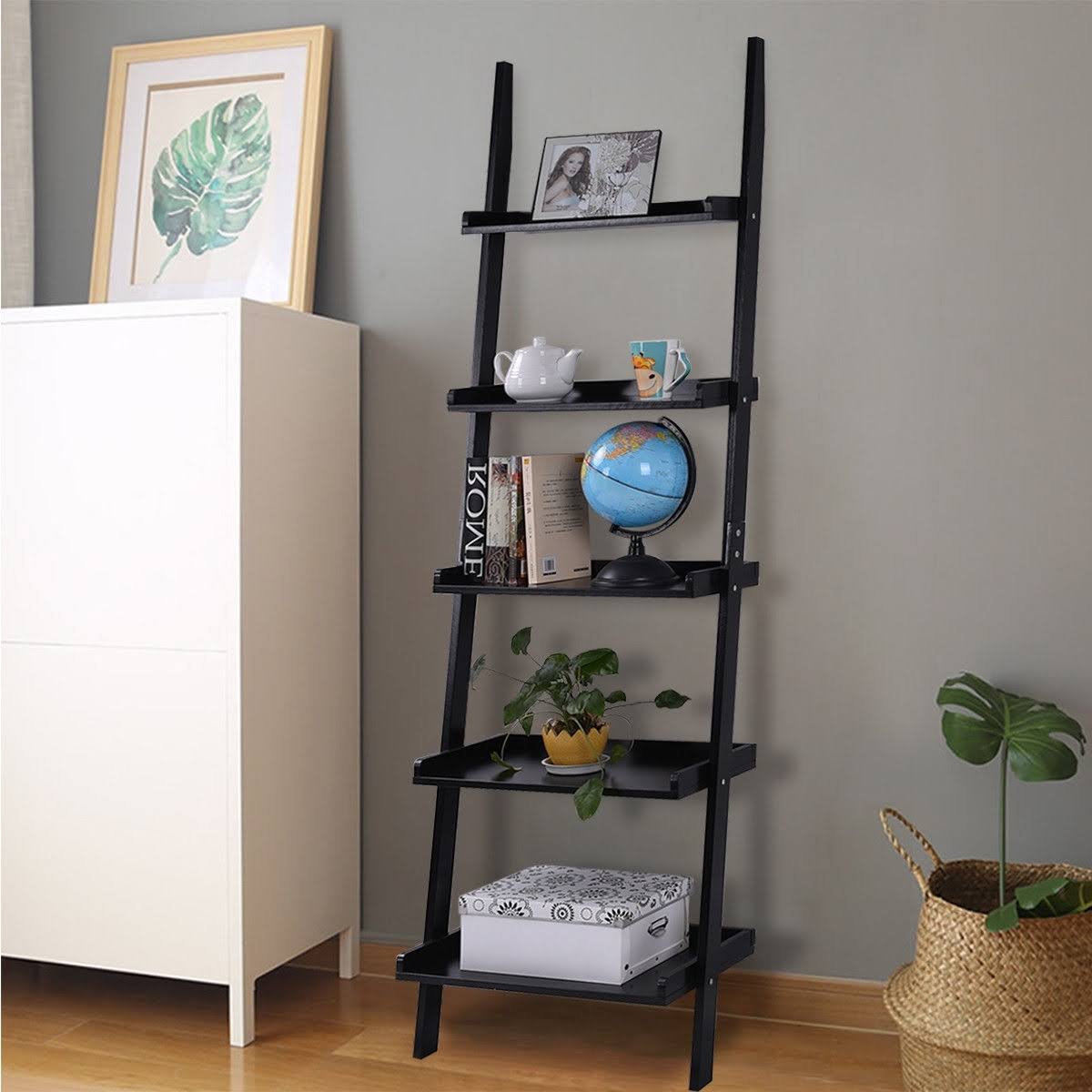 5-Tier Leaning Wall Display Bookcase Black V5644