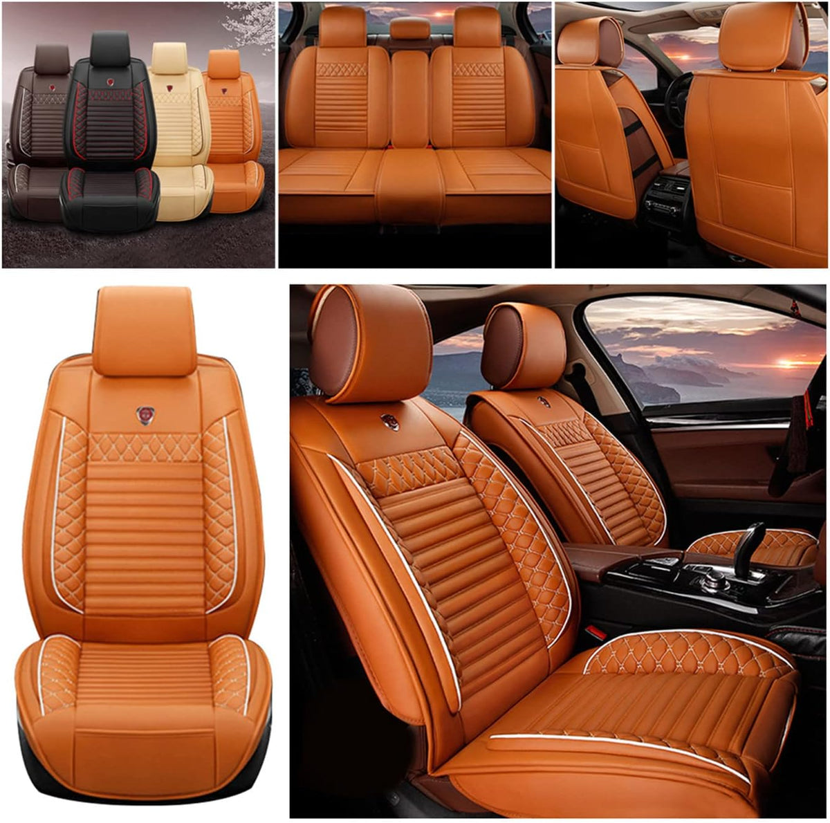 Beige PU Leather Waterproof Car Seat Cover Protectors Y2793