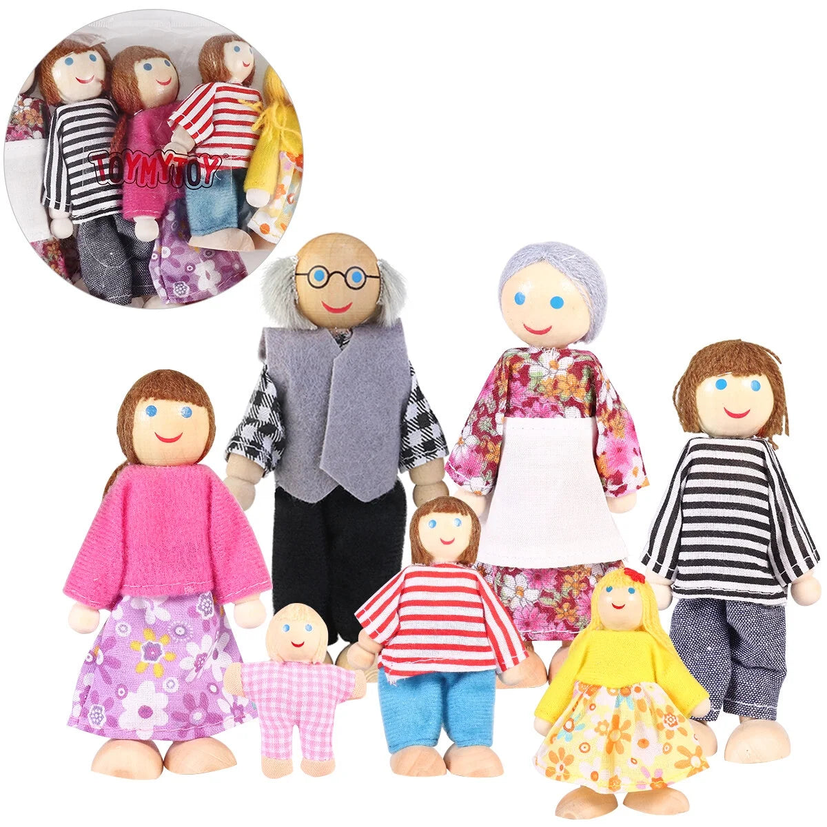 7pcs Wooden Dolls Pretend Play Set Figure Toy P2341