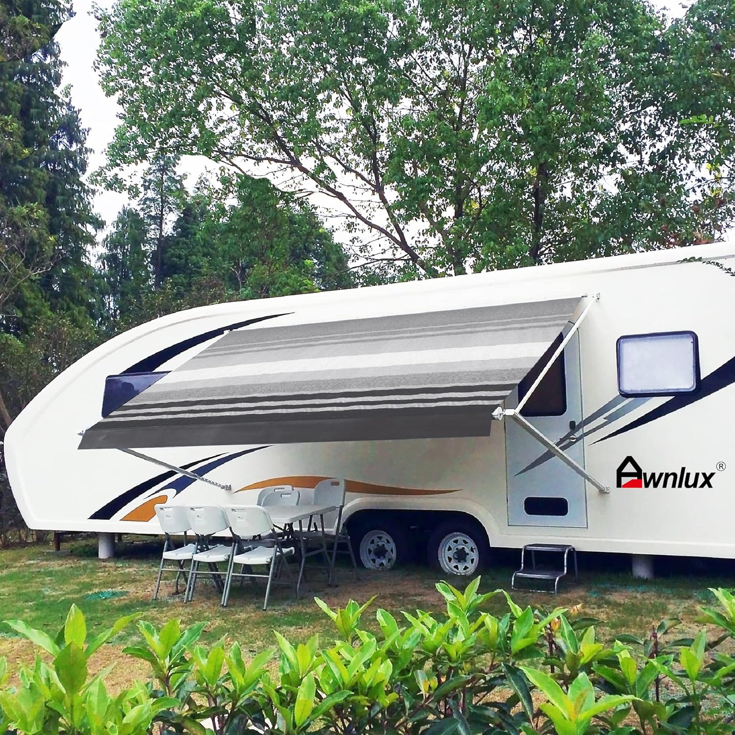Black Ombre White 10' Vinyl RV Awning Fabric Replacement with Press Plate & Pull Strap Z83964