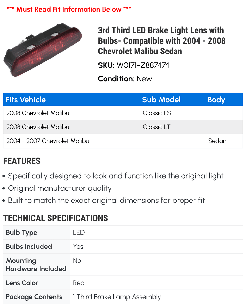 LED Brake Light Lens with Bulbs K233319