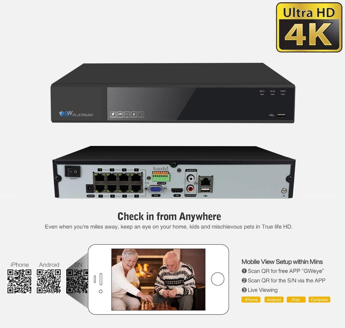 8 Channel 4K NVR 8MP H.265+ IP PoE Security Camera System with 4 Varifocal Zoom Cameras A650