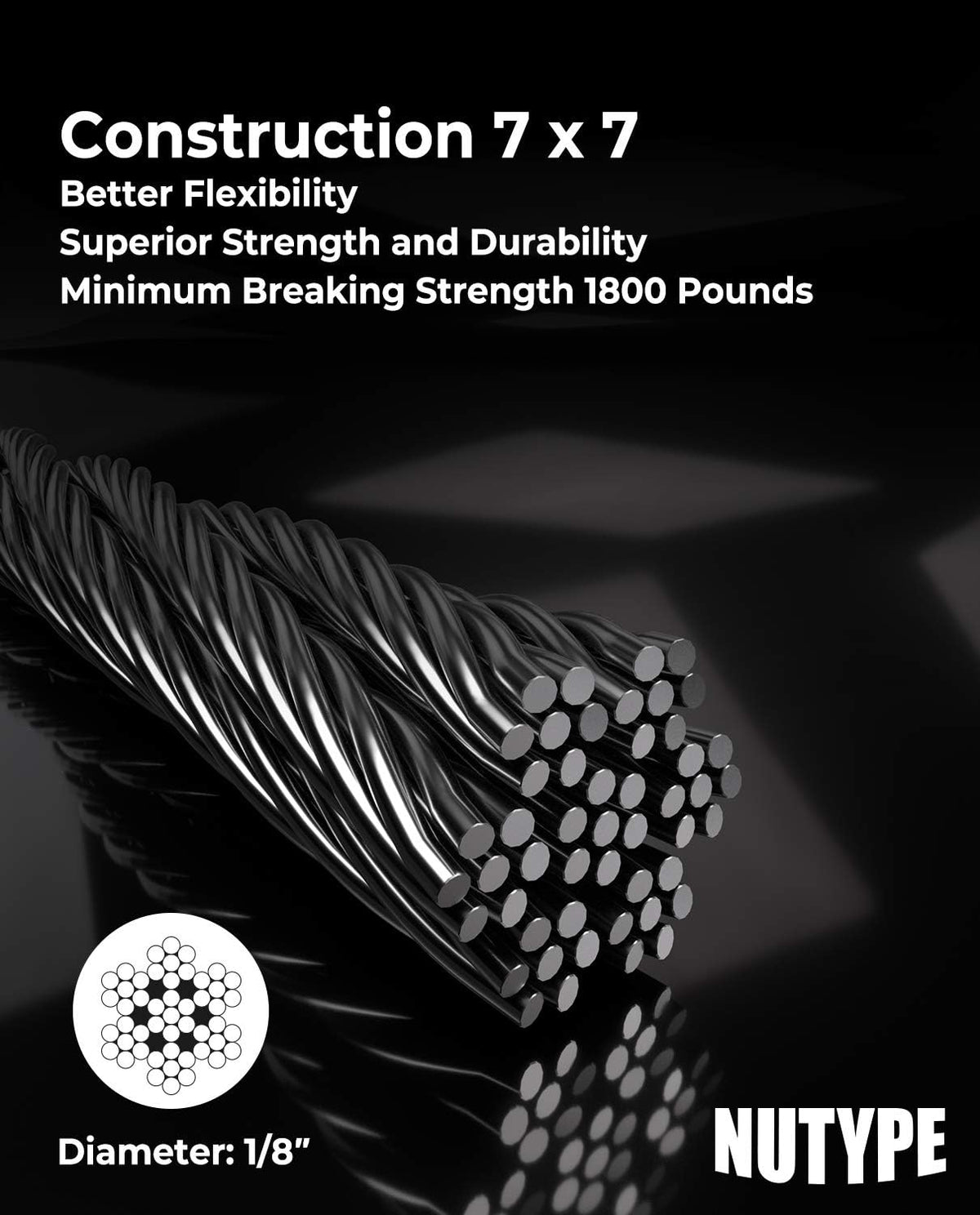 1/8 T316 Stainless Steel Cable, 7x7 Strand Core, 450FT, with Cutter F605