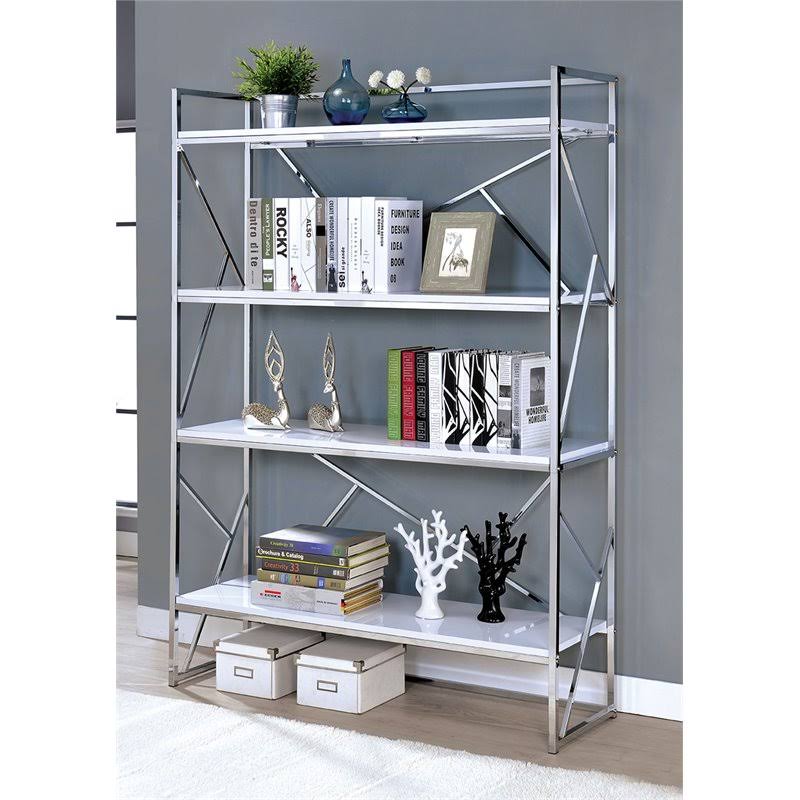 Chrome and White 4 Shelf Wood Bookcase G83146