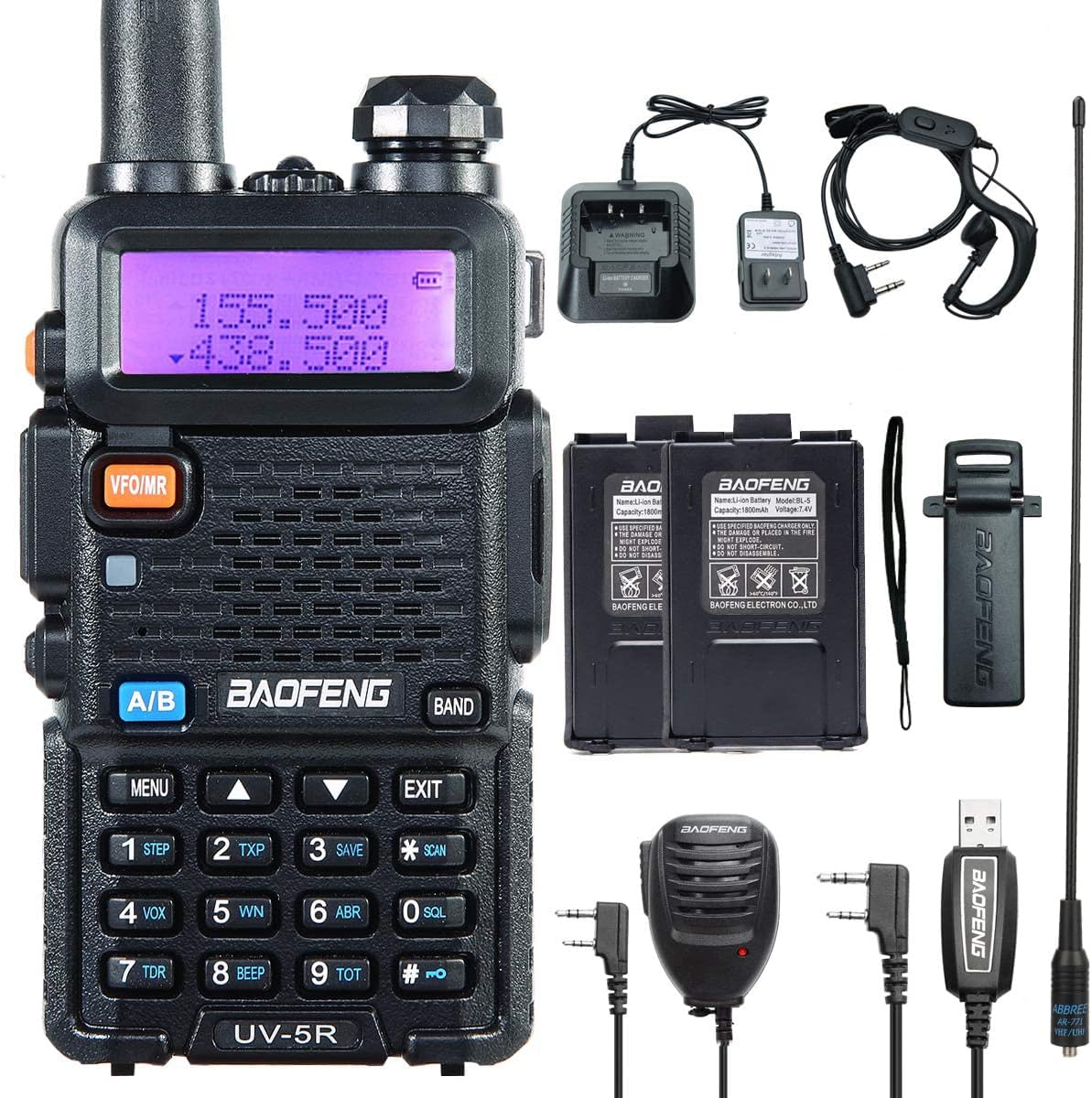 Ham Radio Handheld 2-Way Radio with 3800mAh Battery Programming Cable Tactical Antenna and Tube Earpiece Handheld MIC Full Kit L8493