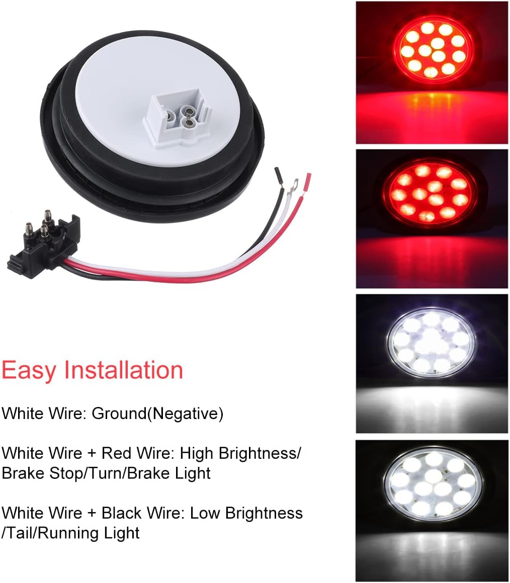 4 Inch LED Trailer Tail Lights Kit with Grommet Plug, 8 X Red Round 12 LED Brake Stop Turn Signal Tail Light X622112