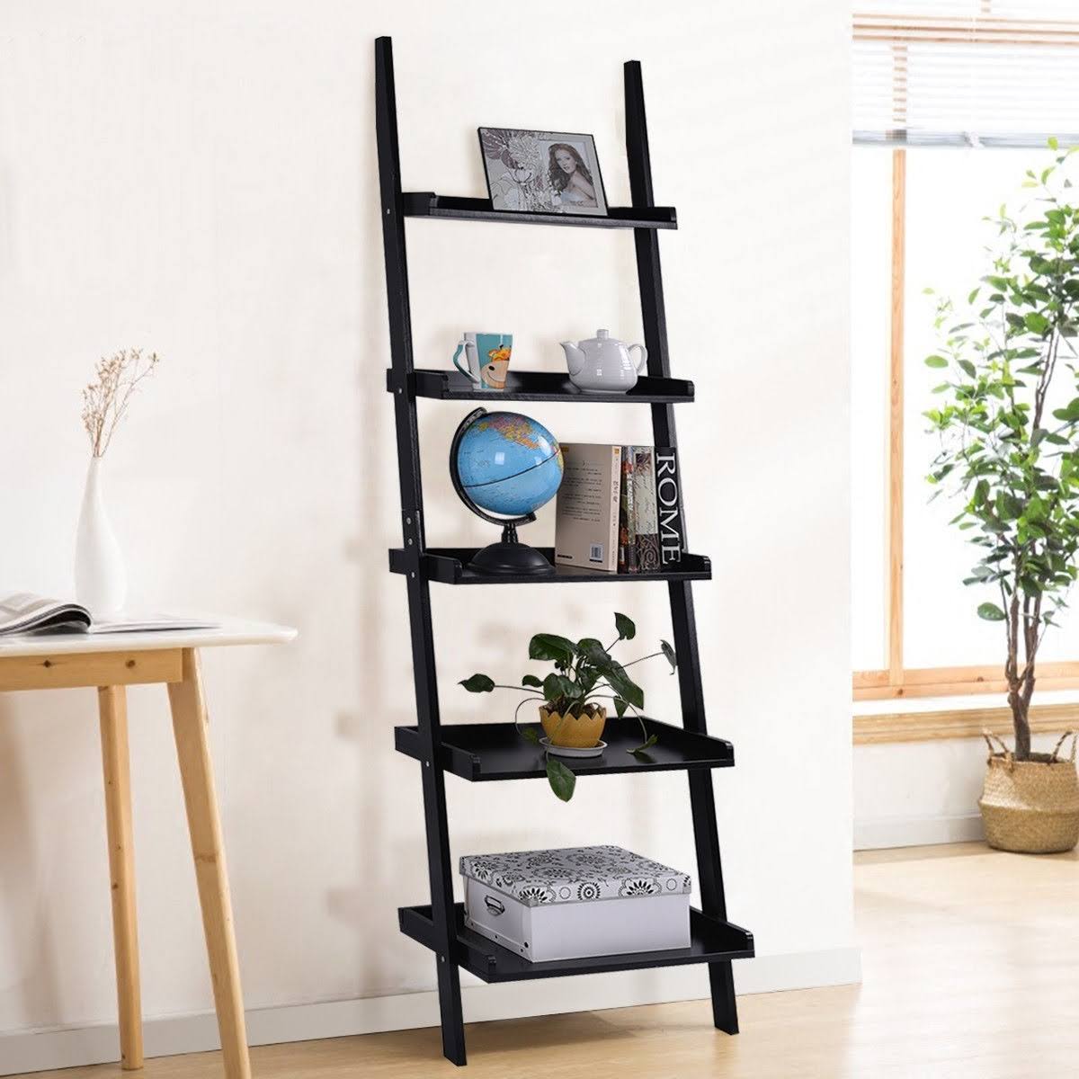 5-Tier Leaning Wall Display Bookcase Black V5644