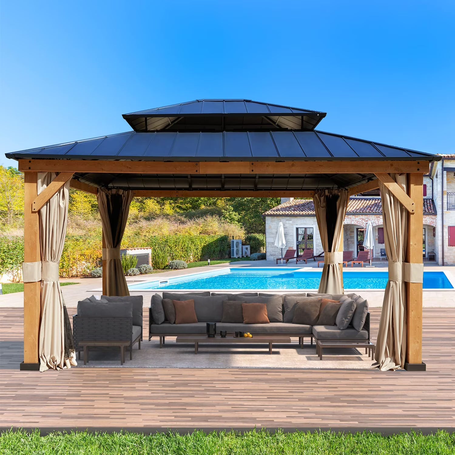 Spruce Hardtop Gazebo with Privacy Curtains and Mosquito Netting J987