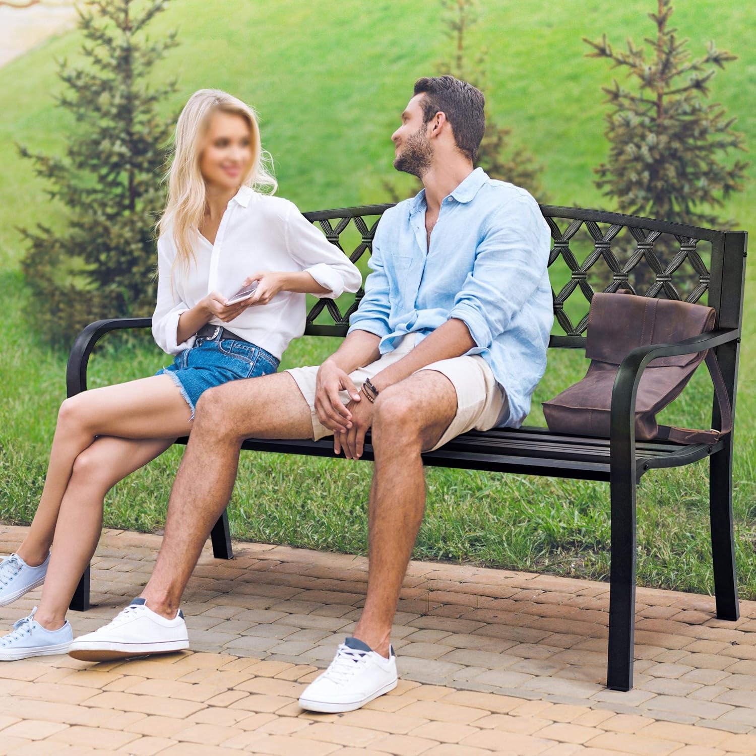 Black Cast Iron Steel Garden Bench with Armrests E899