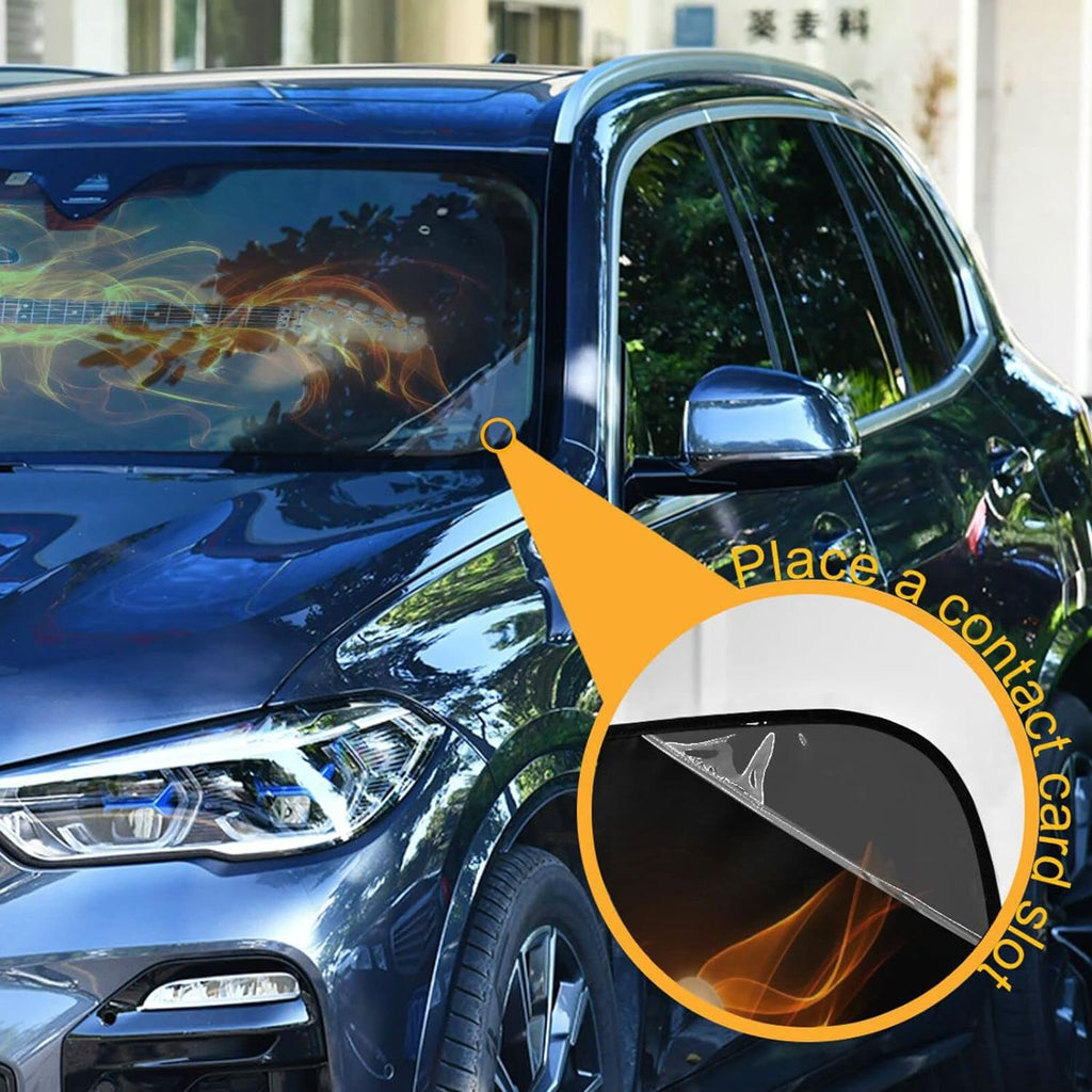 Electric Guitar Fire and Flames Car Windshield Sun Shade, Foldable Visor Protector, 55×27.6in T762