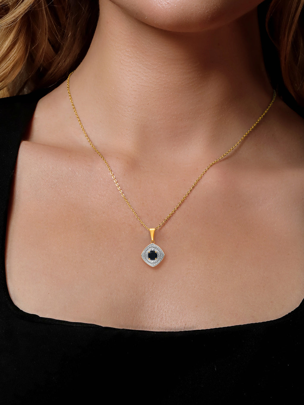 0.48 Ct Black Onyx White Diamond 18K Yellow Gold Plated Silver Pendant with Chain W432464