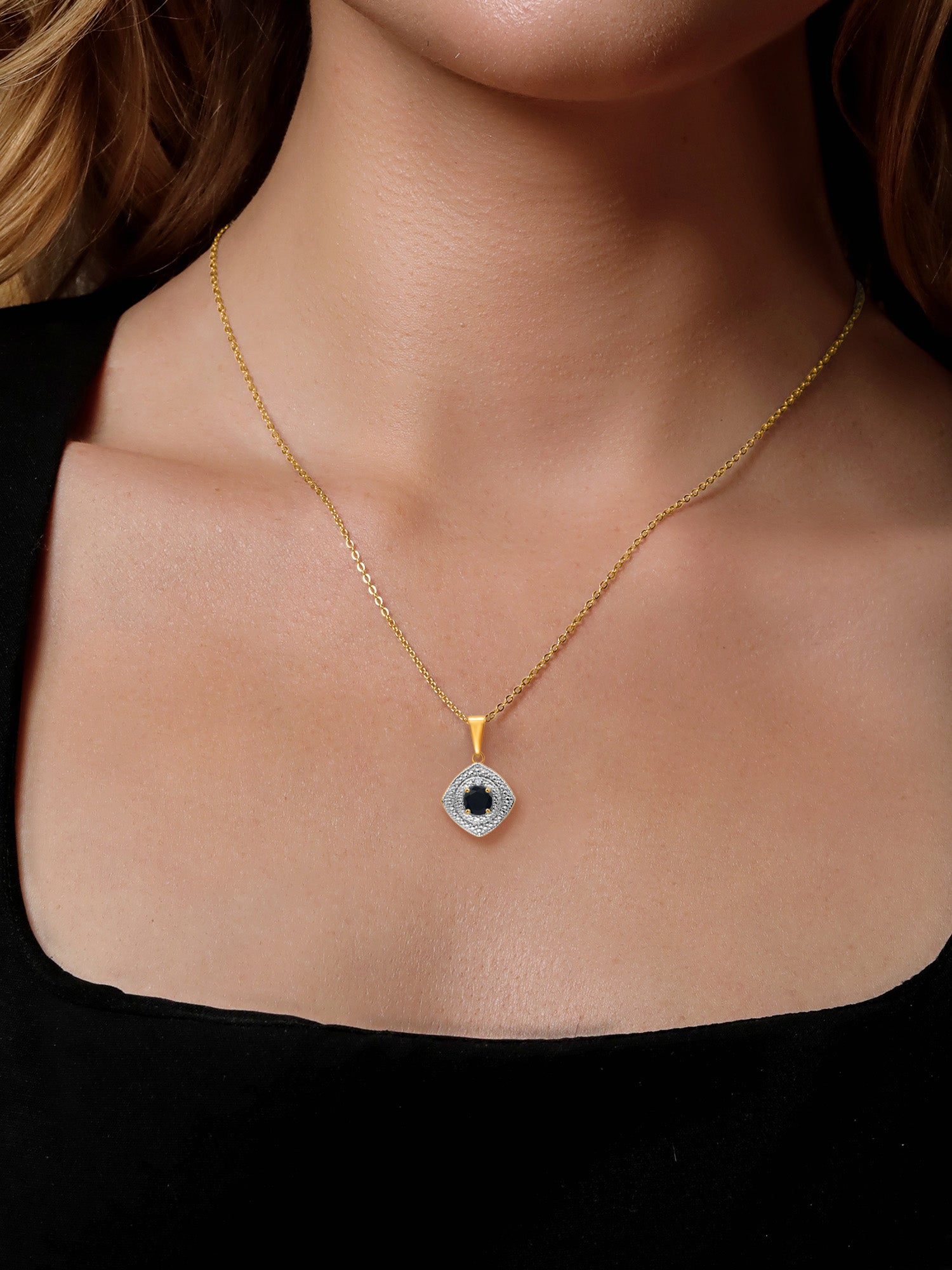 0.48 Ct Black Onyx White Diamond 18K Yellow Gold Plated Silver Pendant with Chain W432464
