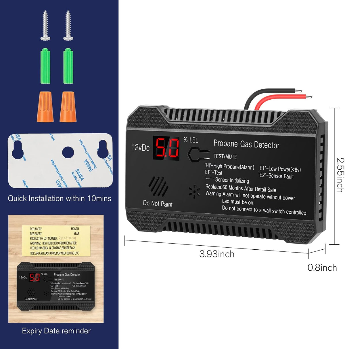 Black Propane Gas Detector Alarm, 12V, LCD Display, 85dB, Pack of 2 V19029