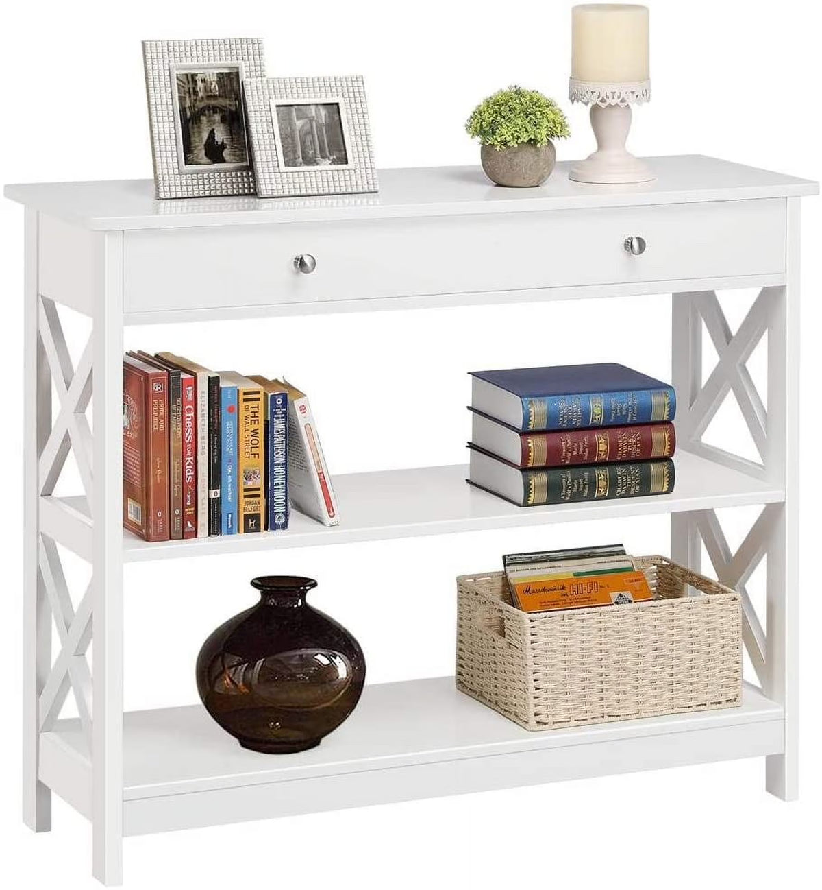 White Console Table with 1 Drawer and 2 Open Shelves R34244