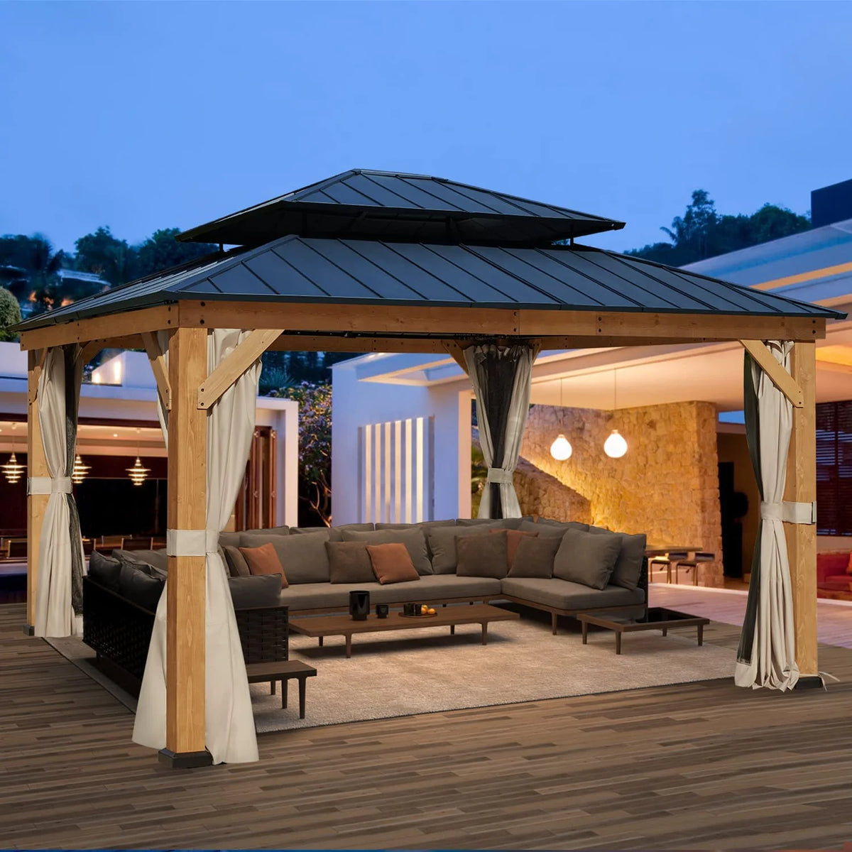 Spruce Hardtop Gazebo with Privacy Curtains and Mosquito Netting J987