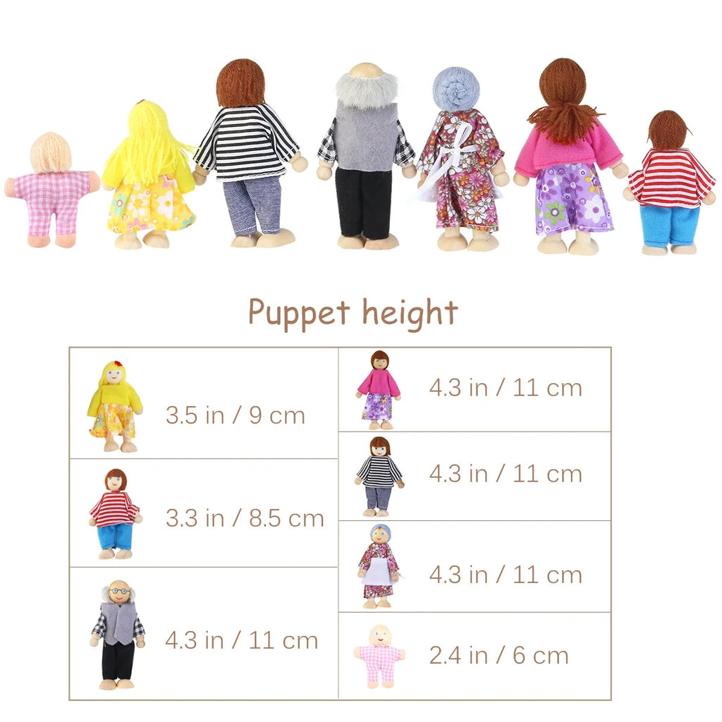7pcs Wooden Dolls Pretend Play Set Figure Toy P2341
