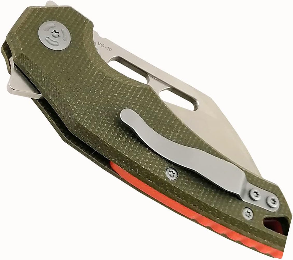 OD Green Folding Pocket Knife VG10 Stainless Steel 2.75 Blade Wharncliffe Textured G10 Scales Liner Lock Flipper T5501