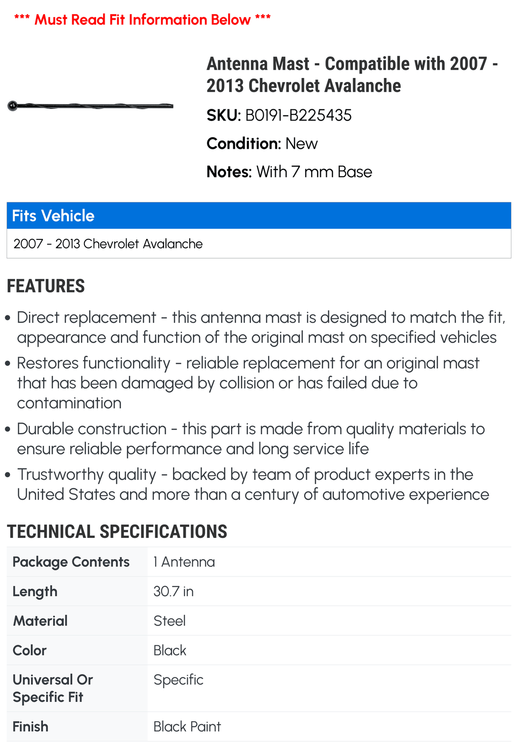 Antenna Mast for Chevy Avalanche Z33608