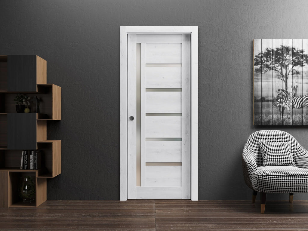Nordic White Solid Wood Sliding French Pocket Door with Frosted Glass C865