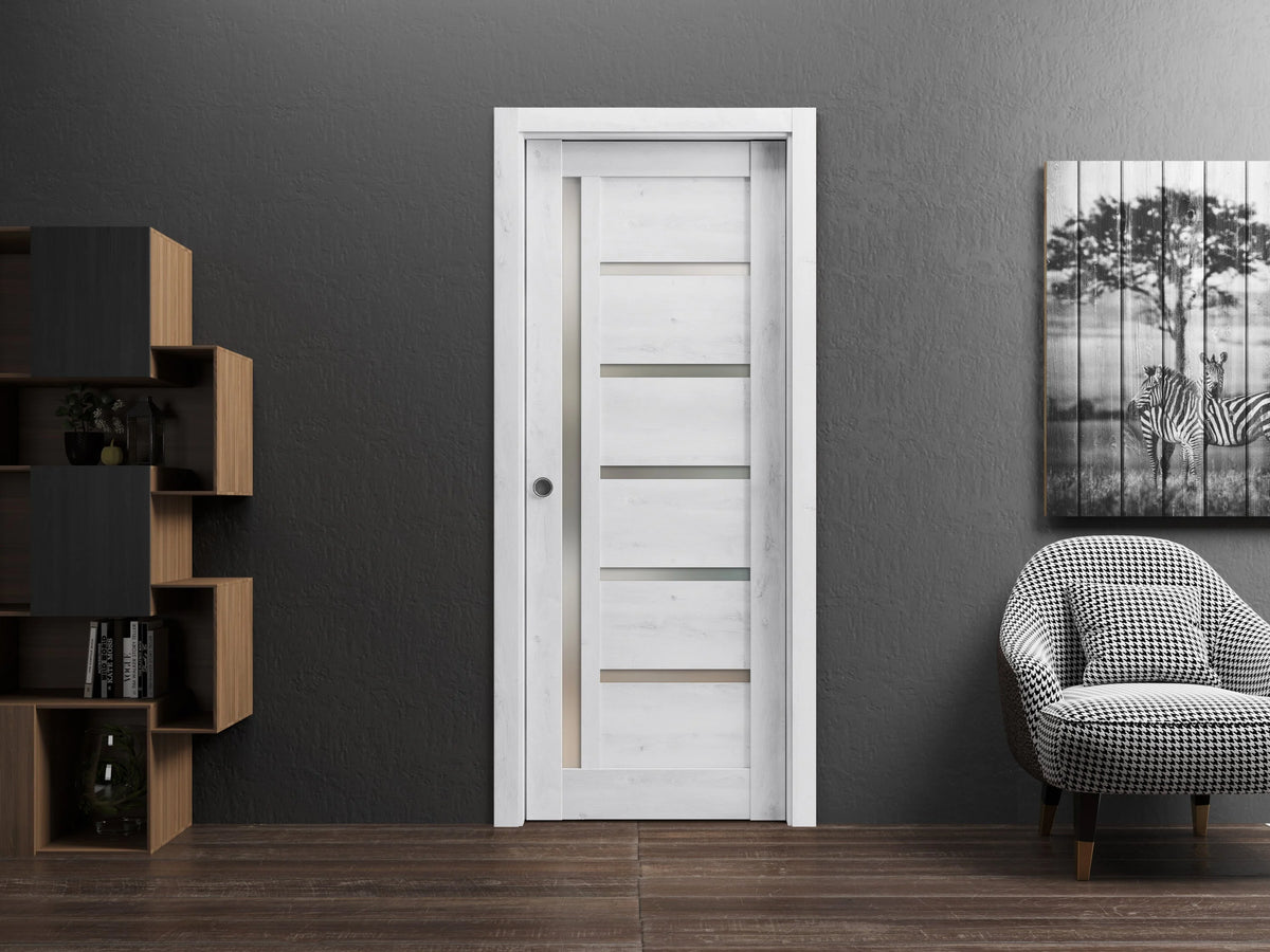 Nordic White Solid Wood Sliding French Pocket Door with Frosted Glass C865