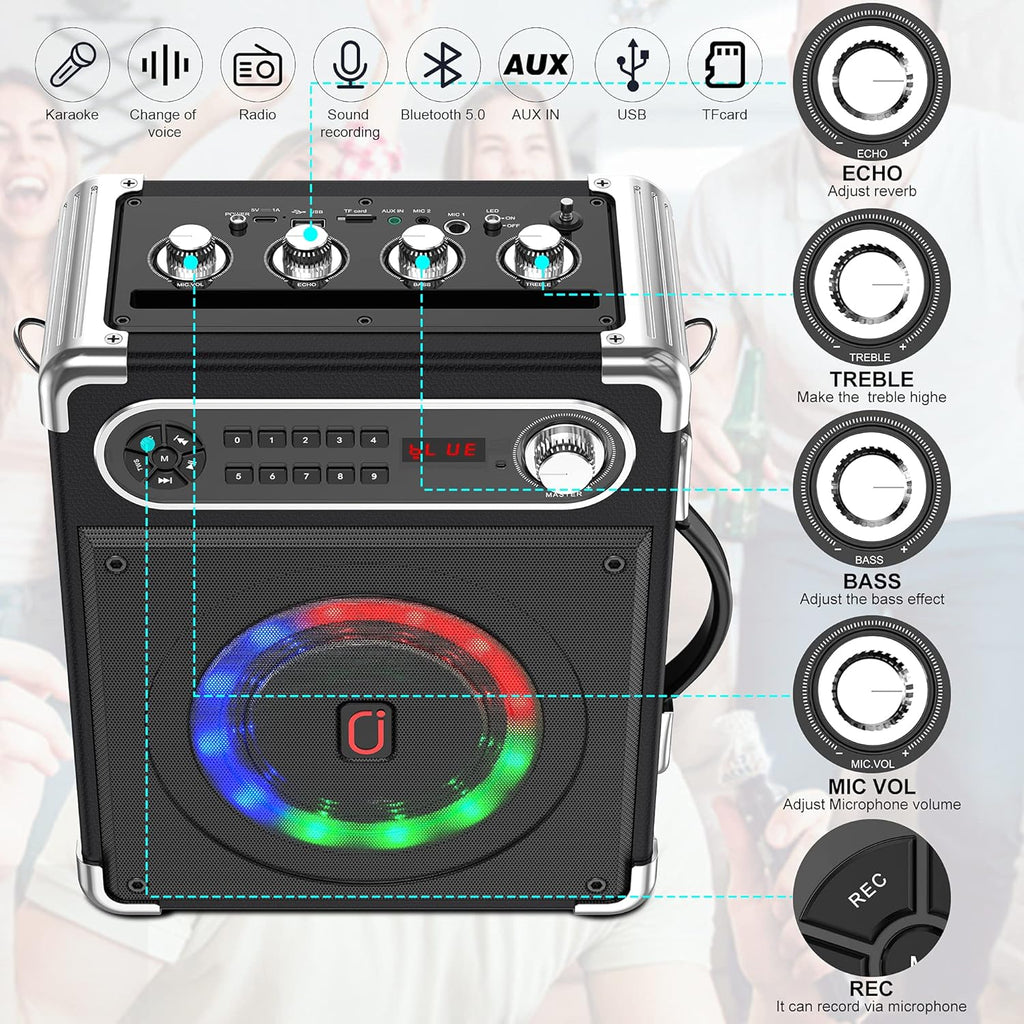 Bluetooth Speaker with Two Wireless Microphones, Portable Pa System with LED Lights A128