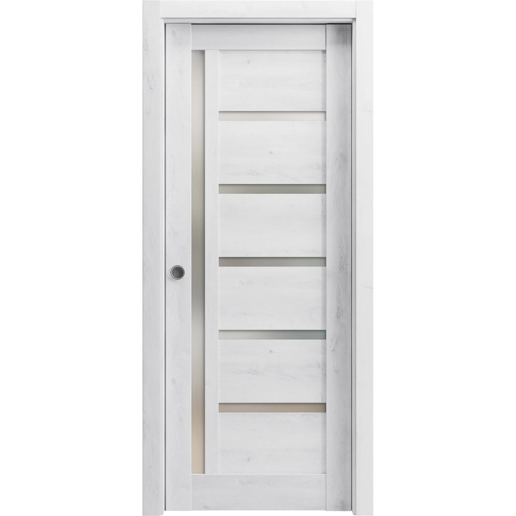 Nordic White Solid Wood Sliding French Pocket Door with Frosted Glass C865