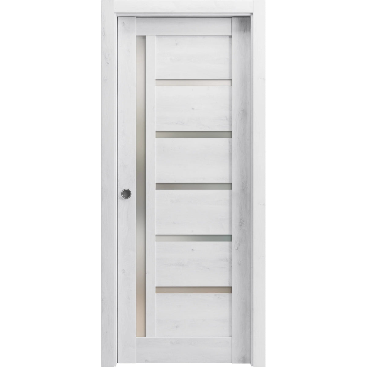 Nordic White Solid Wood Sliding French Pocket Door with Frosted Glass C865