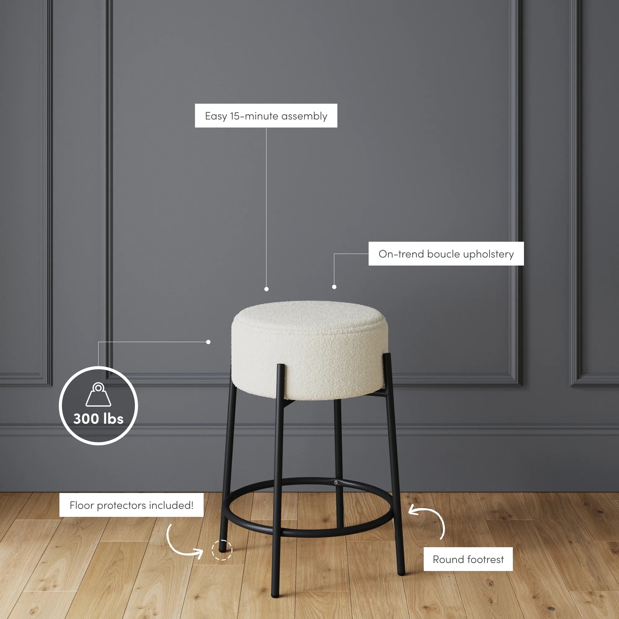Backless Bar Stool with Round Padded Boucle Seat and Metal Base E8461