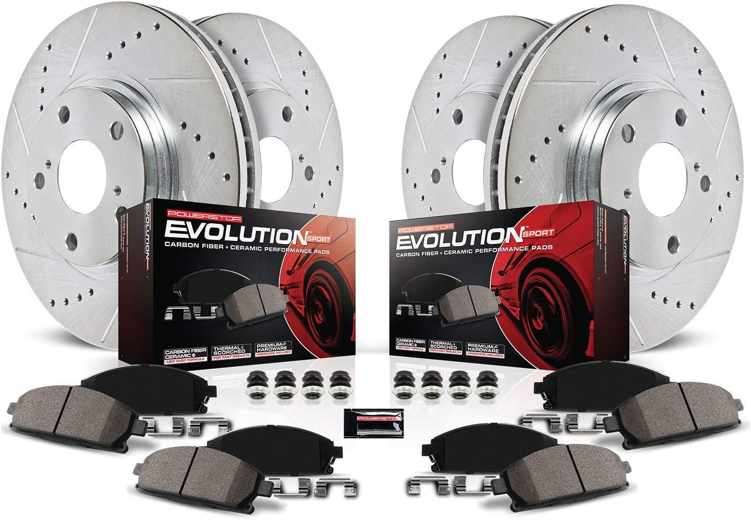 Front and Rear Carbon Fiber Brake Pads with Drilled & Slotted Brake Rotors Kit P69165