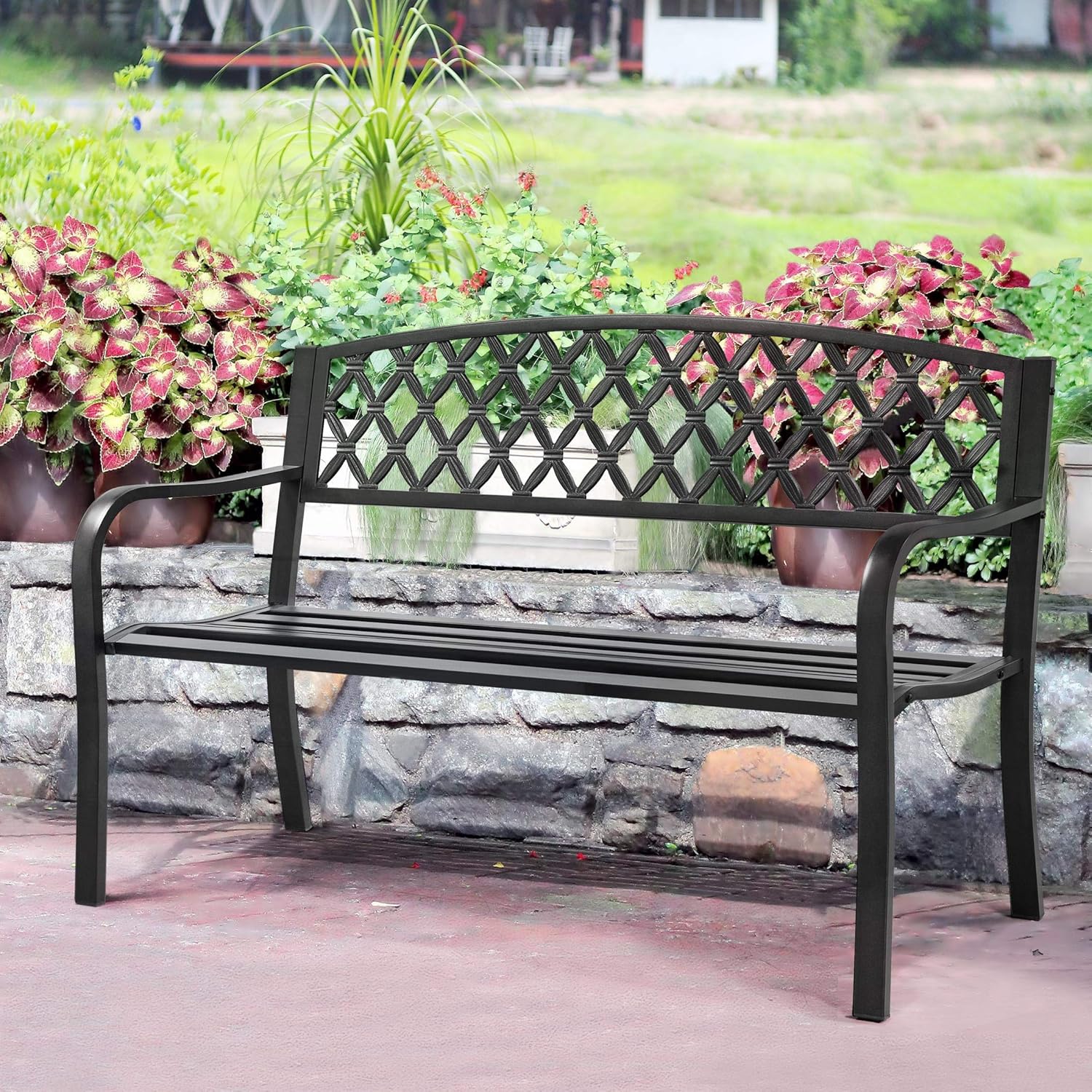 Black Cast Iron Steel Garden Bench with Armrests E899