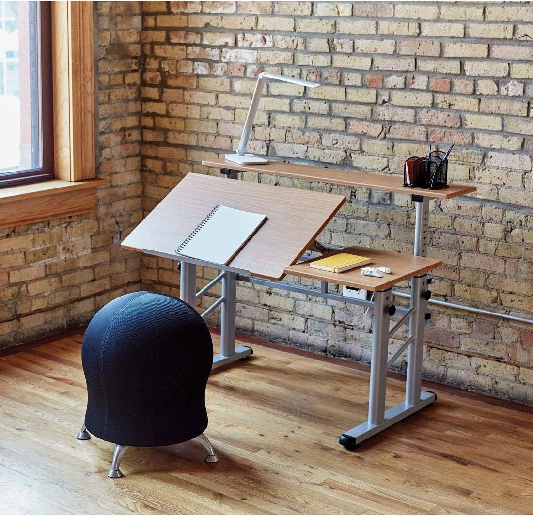 Medium Oak Height-Adjustable Drafting Table W54739