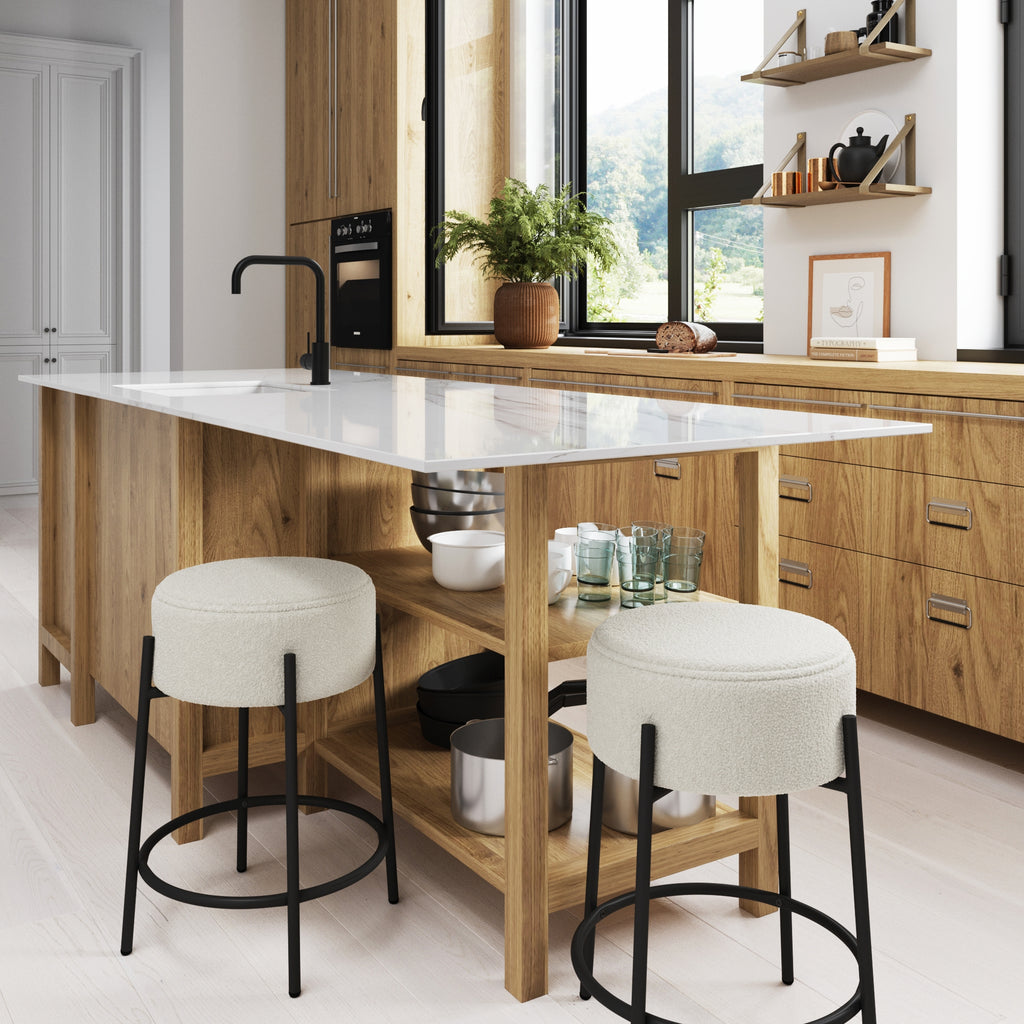 Backless Bar Stool with Round Padded Boucle Seat and Metal Base E8461