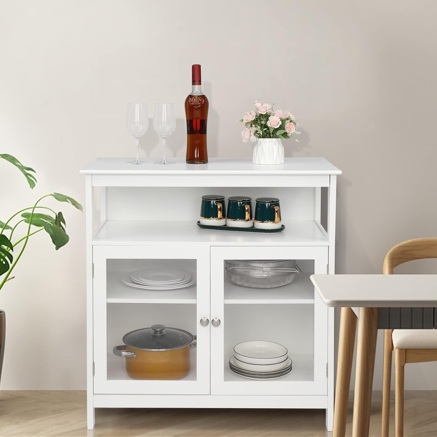 White Kitchen Storage Sideboard Cabinet with Open Shelf and 2 Glass Door Cabinet S731613