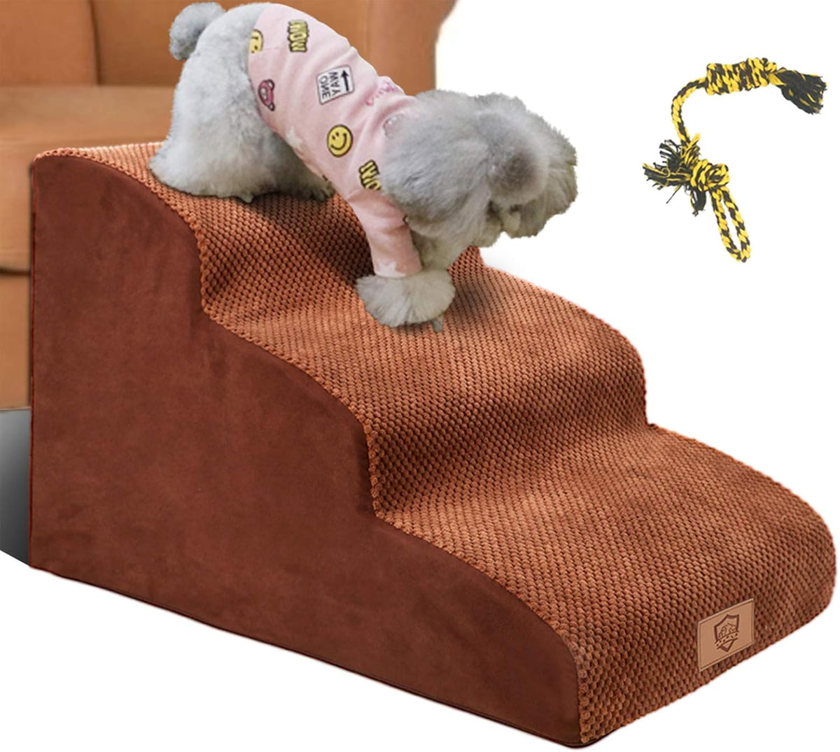 Brown 3 Tiers Foam Dog Steps with Rope Toy U72596