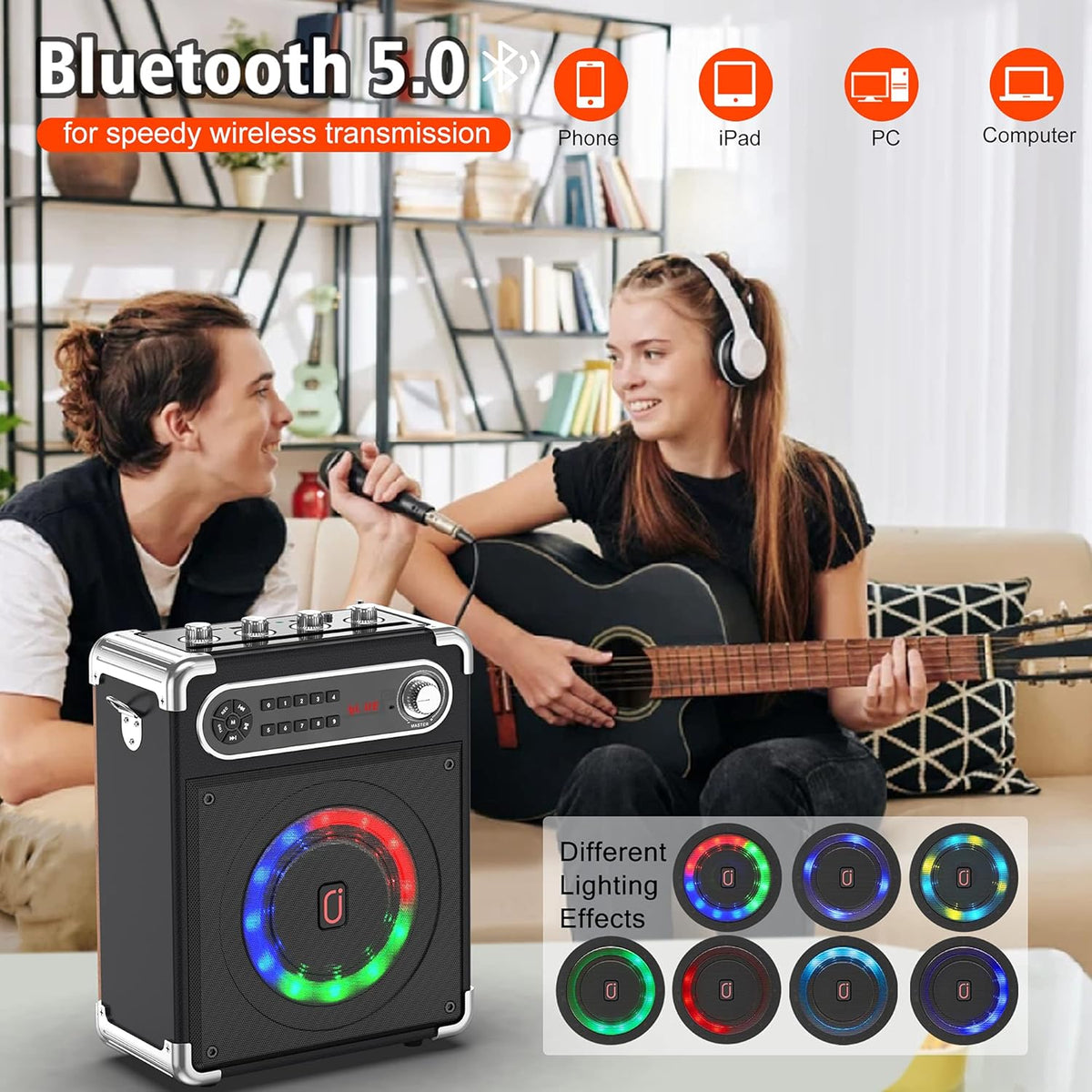 Bluetooth Speaker with Two Wireless Microphones, Portable Pa System with LED Lights A128