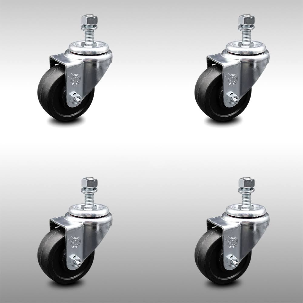 3.5 Inch Soft Rubber Wheel Swivel Threaded Stem Caster Set W934467