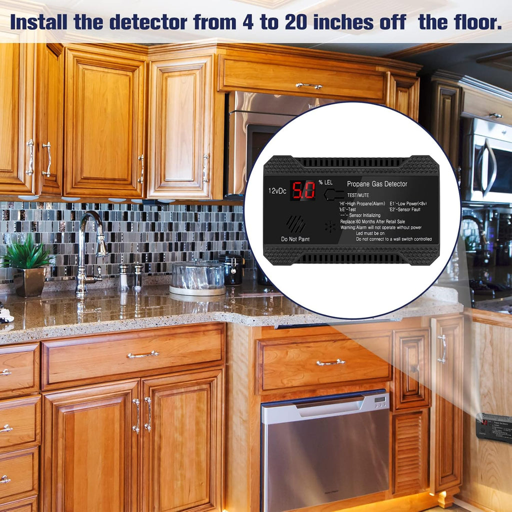 Black Propane Gas Detector Alarm, 12V, LCD Display, 85dB, Pack of 2 V19029