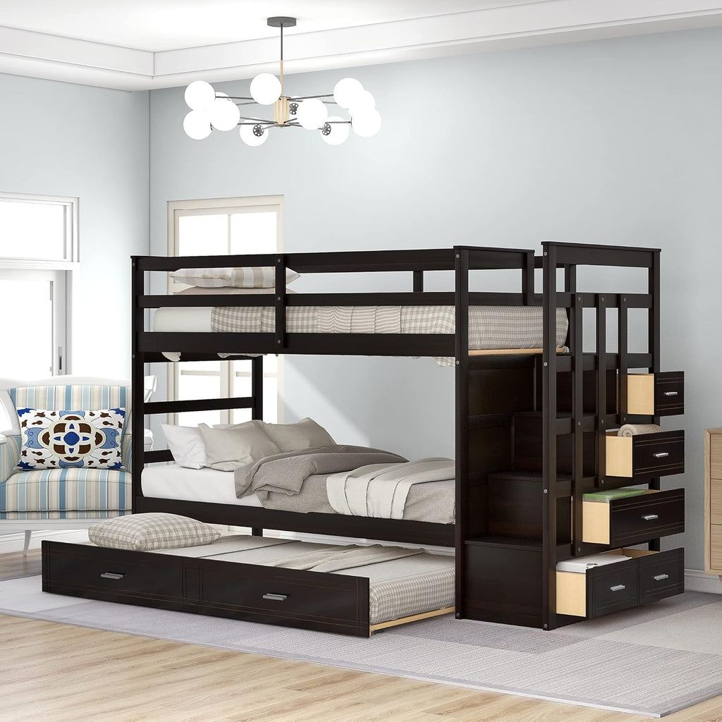 Gray Wood Twin Bunk Bed with Trundle and 4 Storage Drawers H426