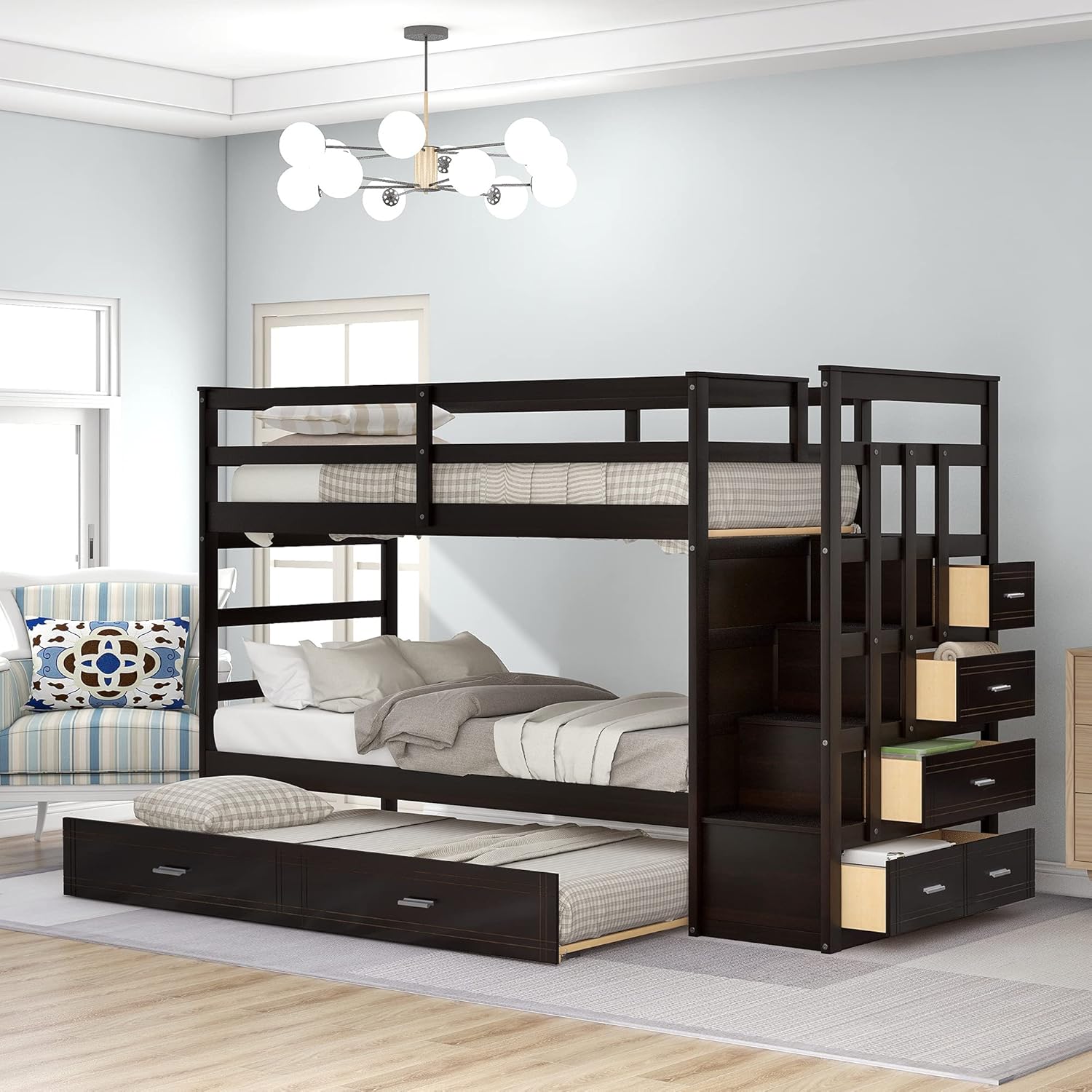 Gray Wood Twin Bunk Bed with Trundle and 4 Storage Drawers H426