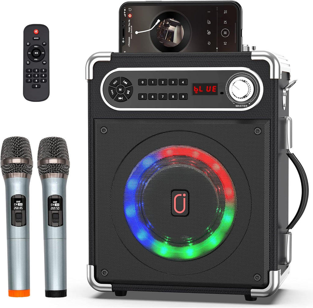 Bluetooth Speaker with Two Wireless Microphones, Portable Pa System with LED Lights A128