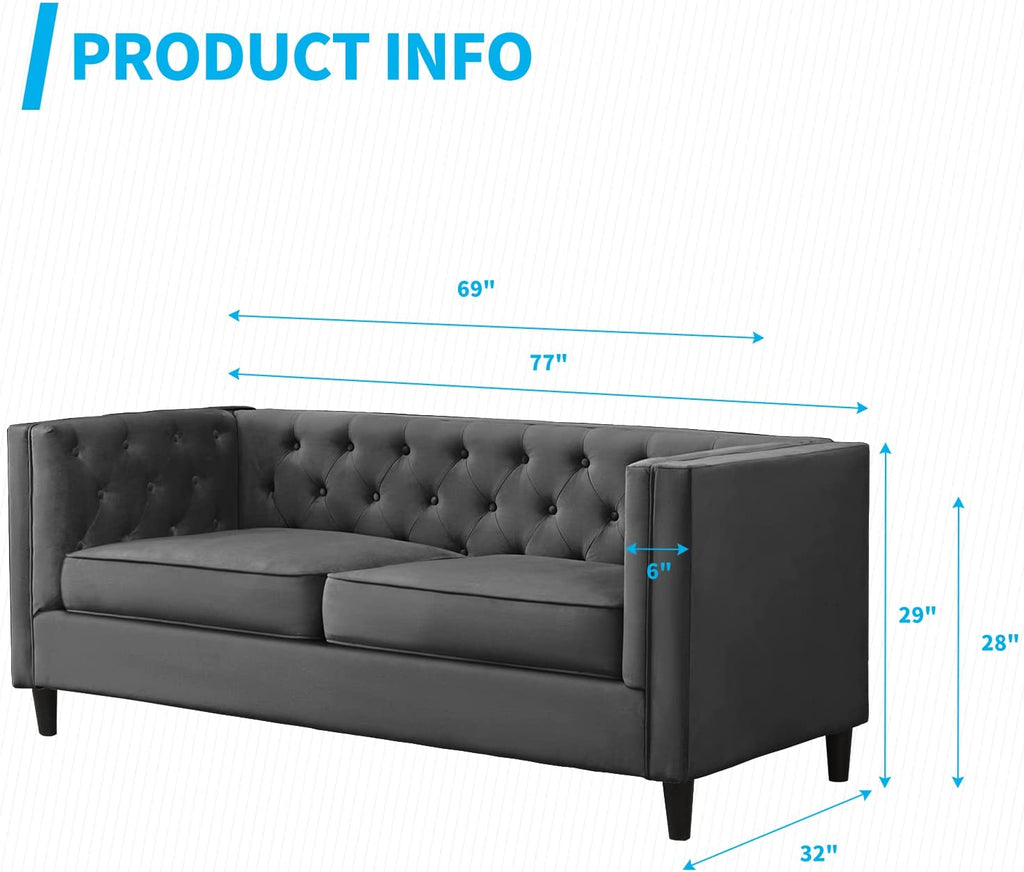 Velvet Futon Sofa Bed Couch Set, Tufted Button Upholstered Sleeper Sofa, Wood Legs, Dark Grey S833223