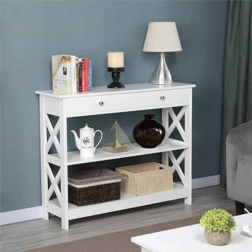 White Console Table with 1 Drawer and 2 Open Shelves R34244