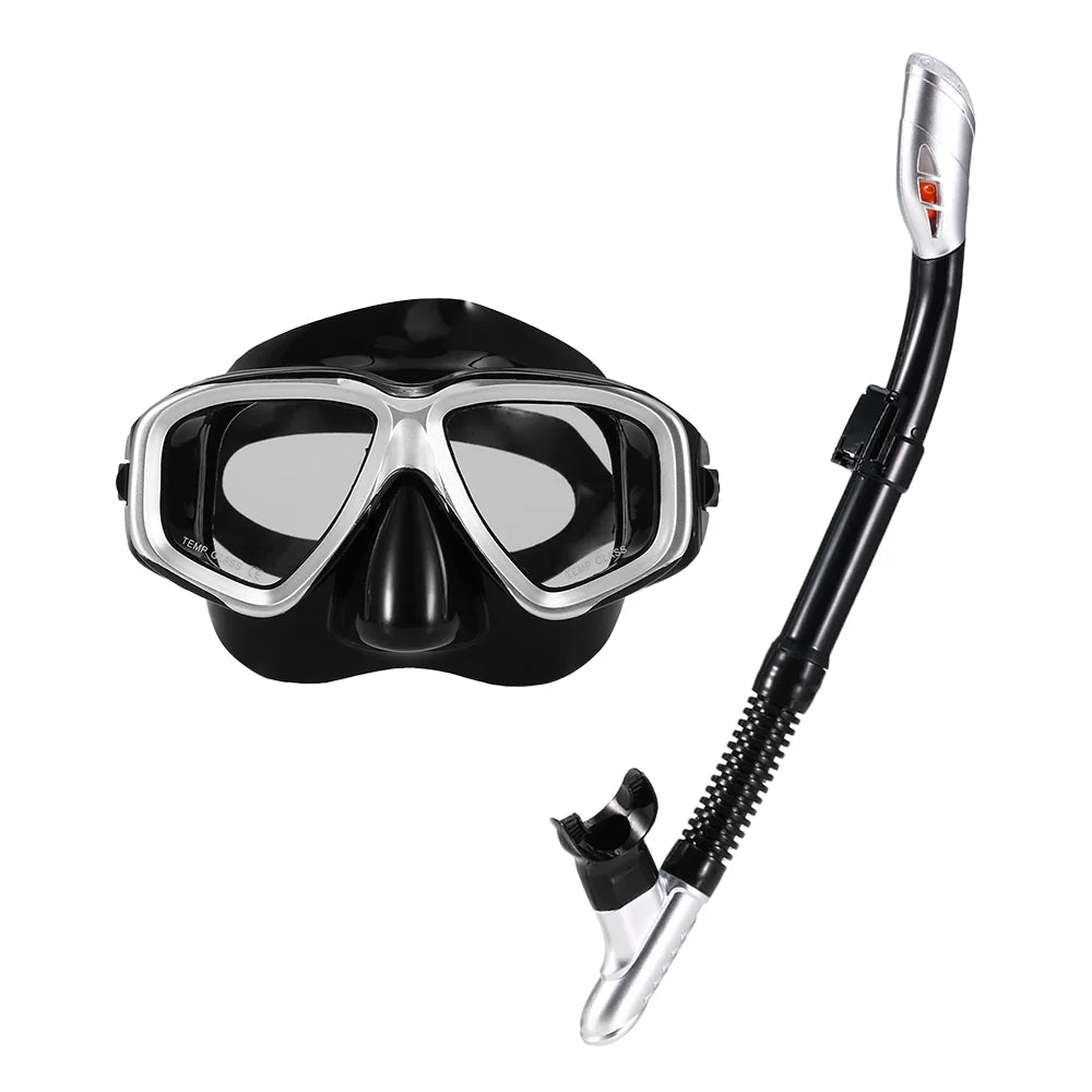 Freediving Snorkel Set with Tempered Glass Lens Goggles R733