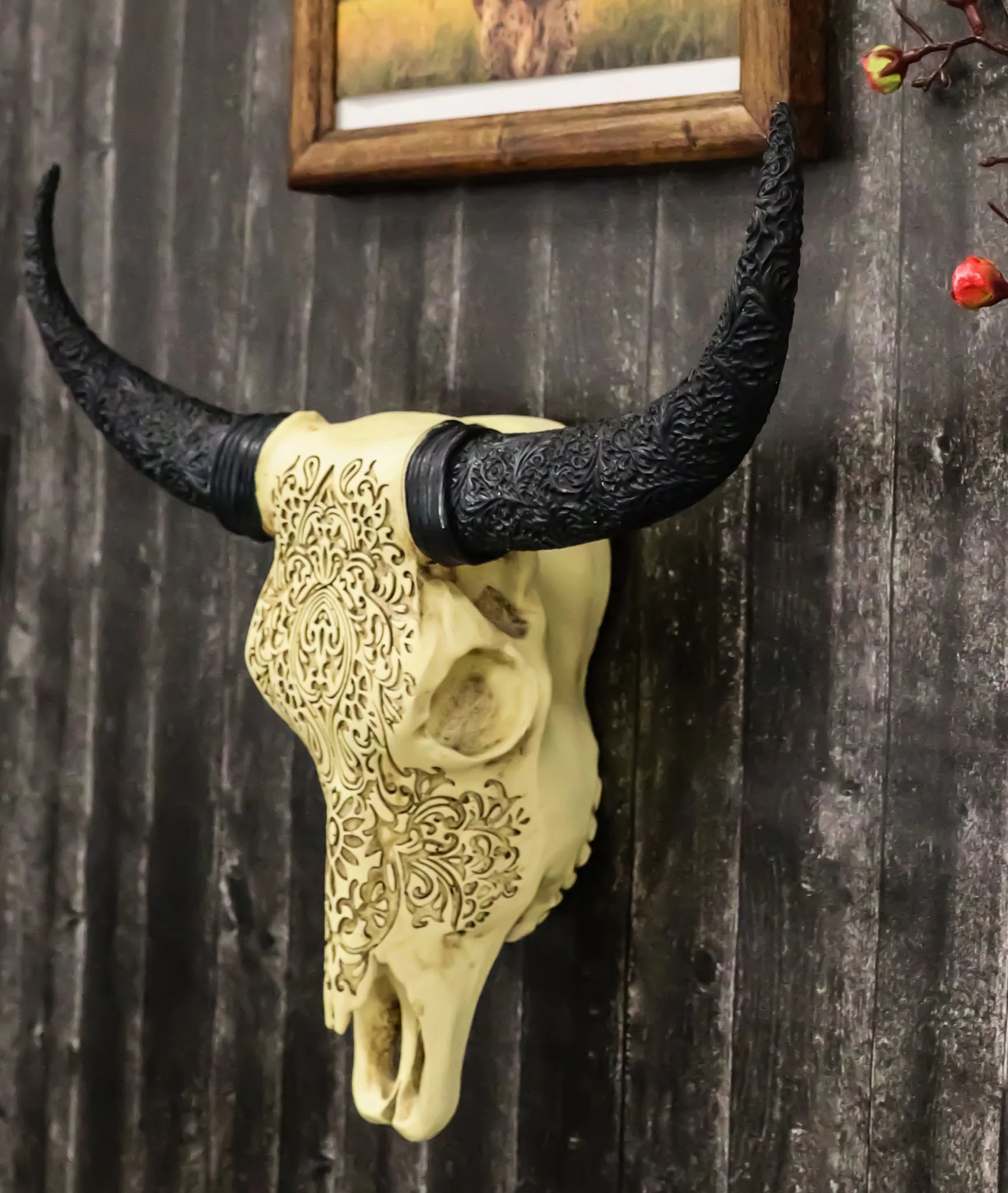 Tooled Bison Bull Cow Skull Wall Decor Plaque I2690