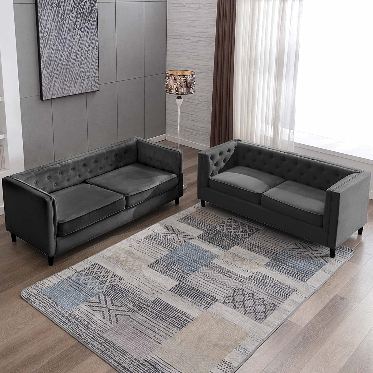Velvet Futon Sofa Bed Couch Set, Tufted Button Upholstered Sleeper Sofa, Wood Legs, Dark Grey S833223