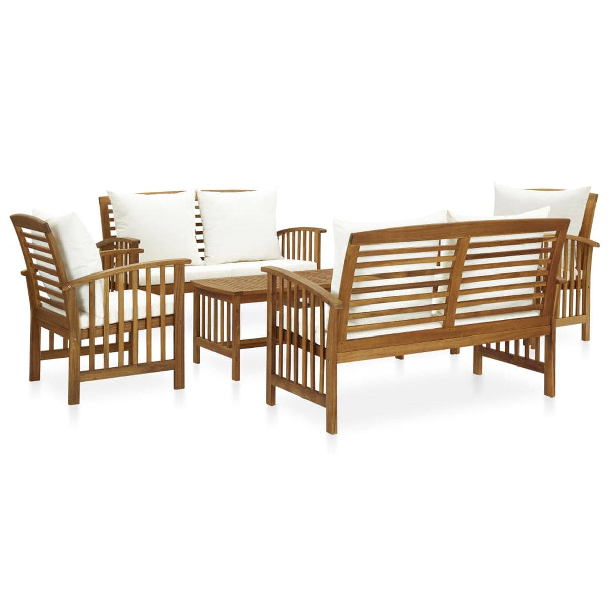 5 Piece Patio Lounge Set Cream White Cushioned Acacia Wood Sectional Outdoor Conversation Set J7792