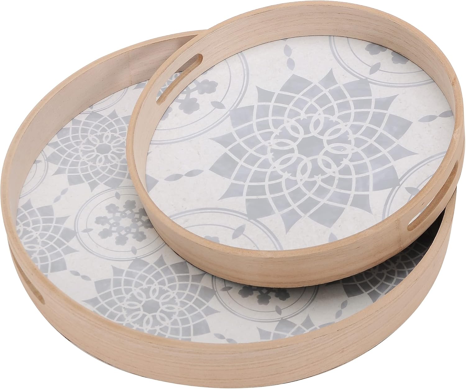 Set of 2 Round Wooden Serving Trays with Handles I153