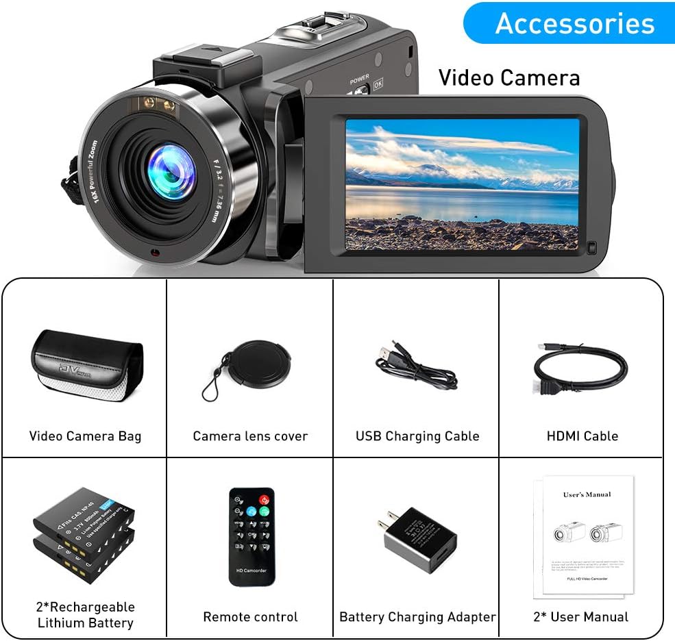 FHD 1080P 30FPS 36MP Camcorder with IR Night Vision and 2 Batteries Q867