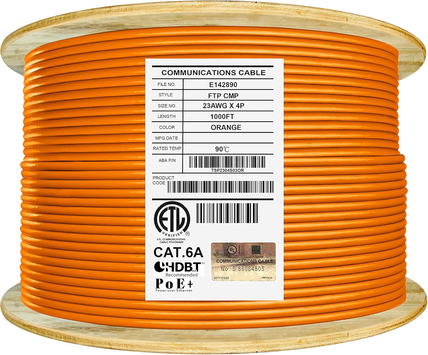 Cat6A Shielded Plenum 1000ft FTP 23AWG 650MHz Solid Pure Copper Bulk Ethernet Cable Reel Orange C329136