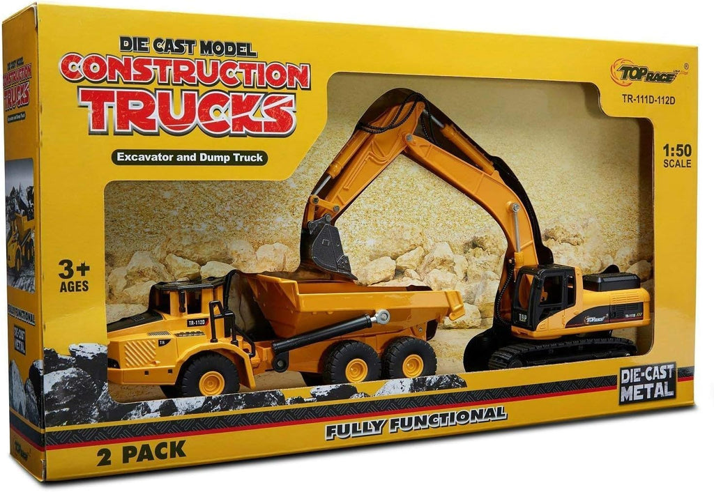 Diecast Metal Construction Trucks, Excavator and Dump Truck, Set of 2 R353